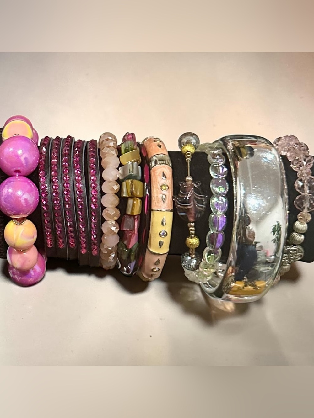 Boho Mixed Media Bracelet Stack • Pink Rhinestone Crystal Beaded Bangle Set - Picture 2 of 5